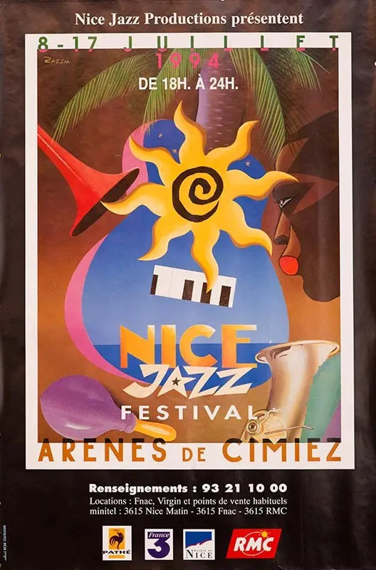 Original 1994 Nice Jazz Festival serigraph poster by Razzia featuring vibrant jazz-themed artwork and bold graphic design.
