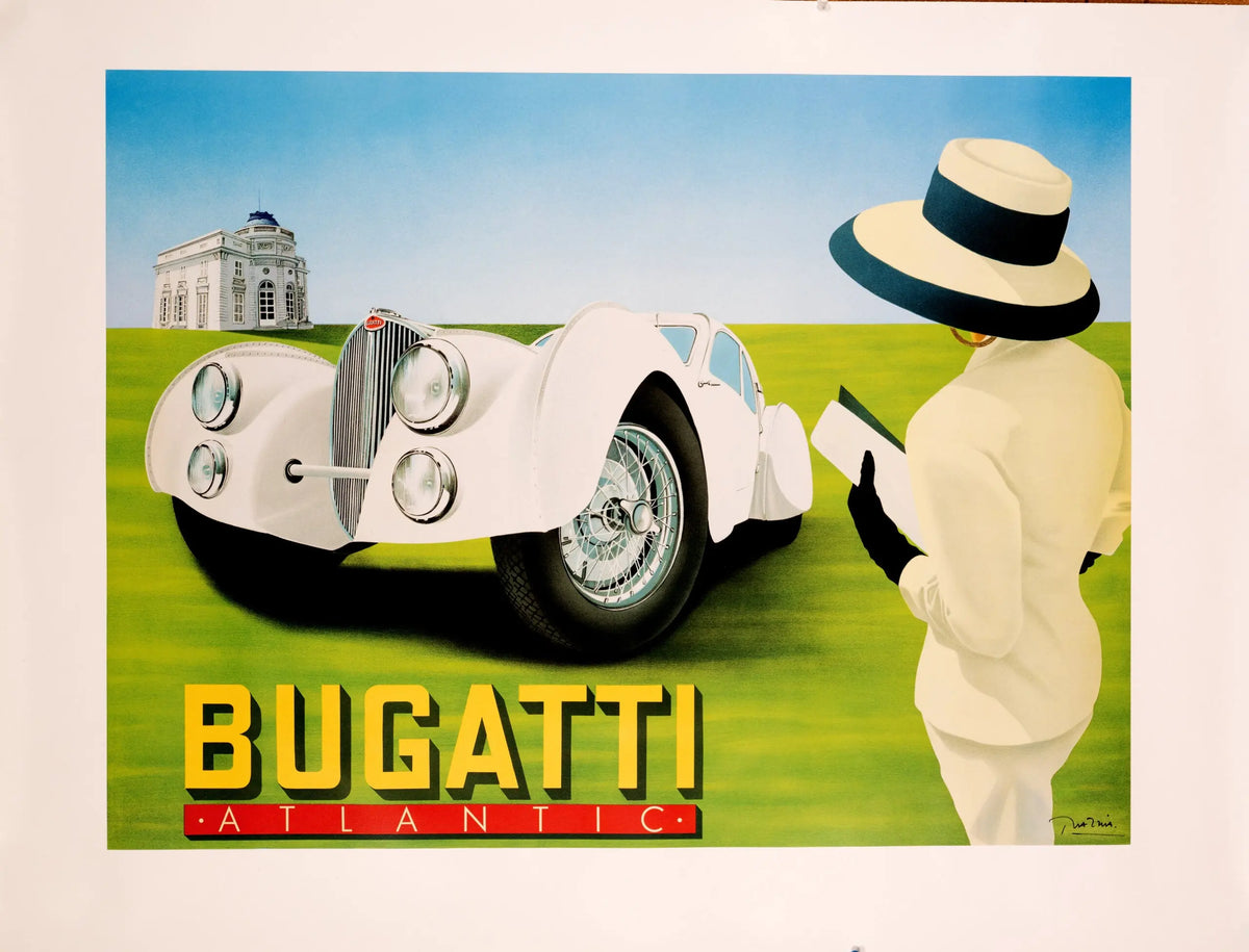 Original Razzia Bugatti Atlantic Louis Vuitton poster, hand-signed, featuring classic car artwork with vibrant colors and detailed design.
