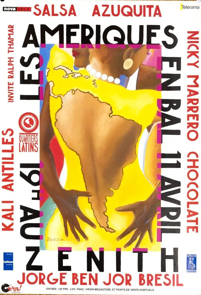 Original Razzia Ameriques en Bal au Zenith 1995 serigraph poster featuring vibrant artwork and bold design elements.
