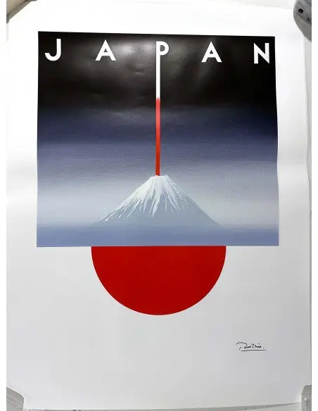 Hand-signed Razzia Japon Mount Fuji art poster featuring traditional Japanese landscape and signature, mounted on high-quality paper.