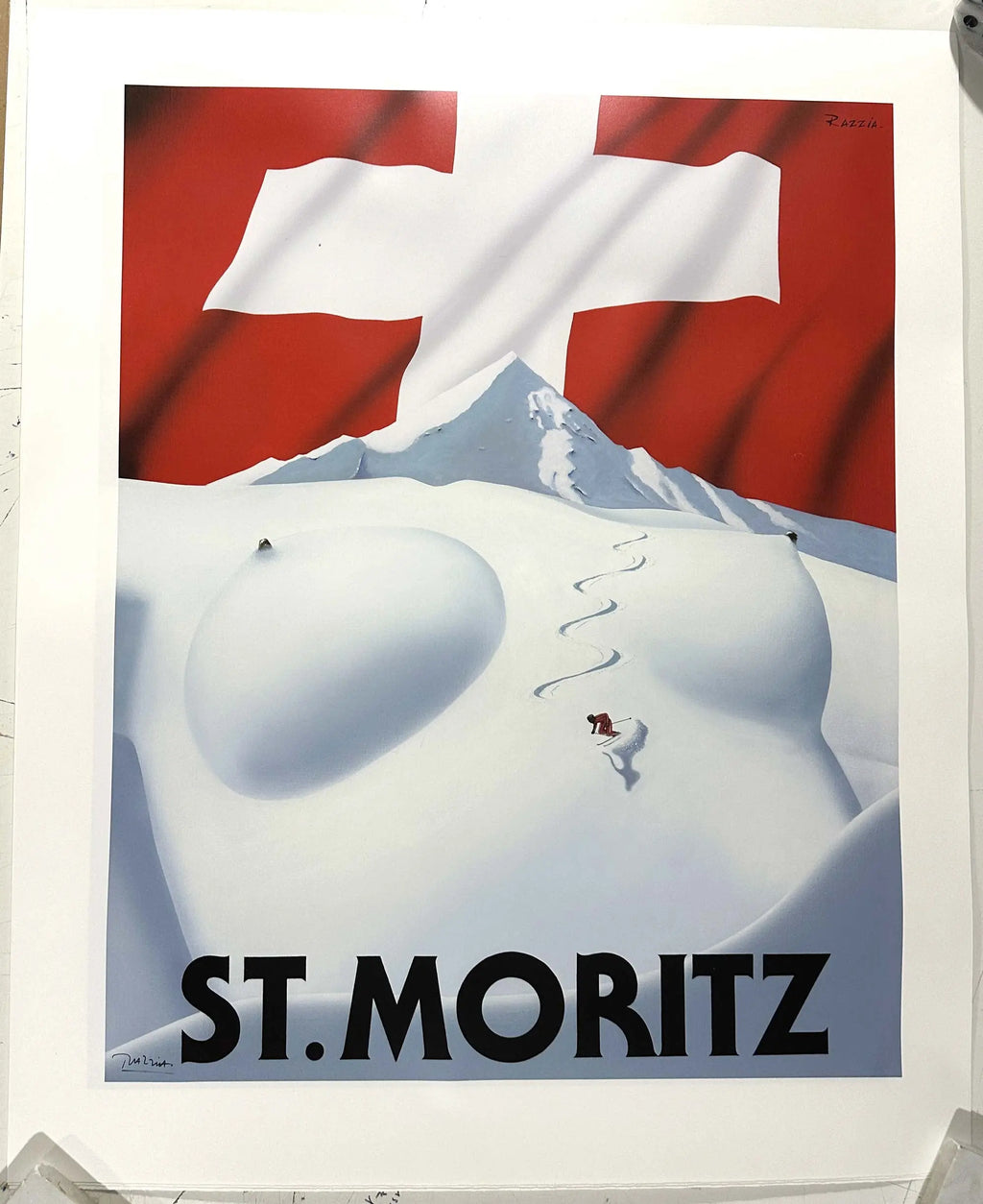 St Moritz Swiss Ski serigraph poster by Razzia Gérard Courbouleix-Dénériaz, featuring vibrant winter ski scene from 2012