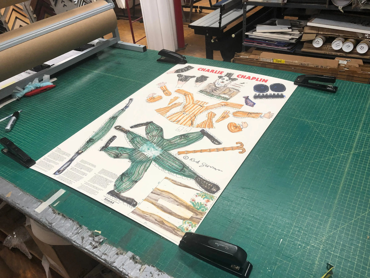 Red Grooms 1985 Charlie Chaplin interactive 3D lithograph exhibition poster showing vibrant artwork and detailed design.