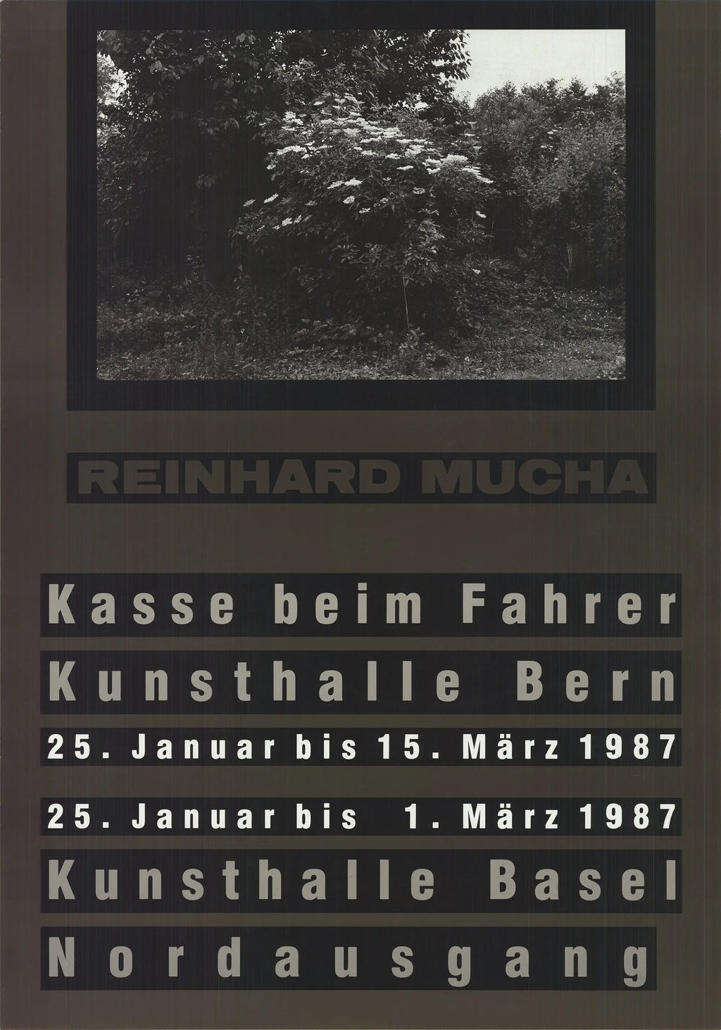 Original 1987 Reinhard Mucha lithograph poster titled "Kasse beim Fahrer" featuring a vintage scene with detailed artwork.