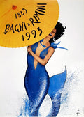 Vintage 1993 René Gruau Rimini Mermaid Italian travel poster featuring a stylized mermaid and seaside scenery in bold colors.