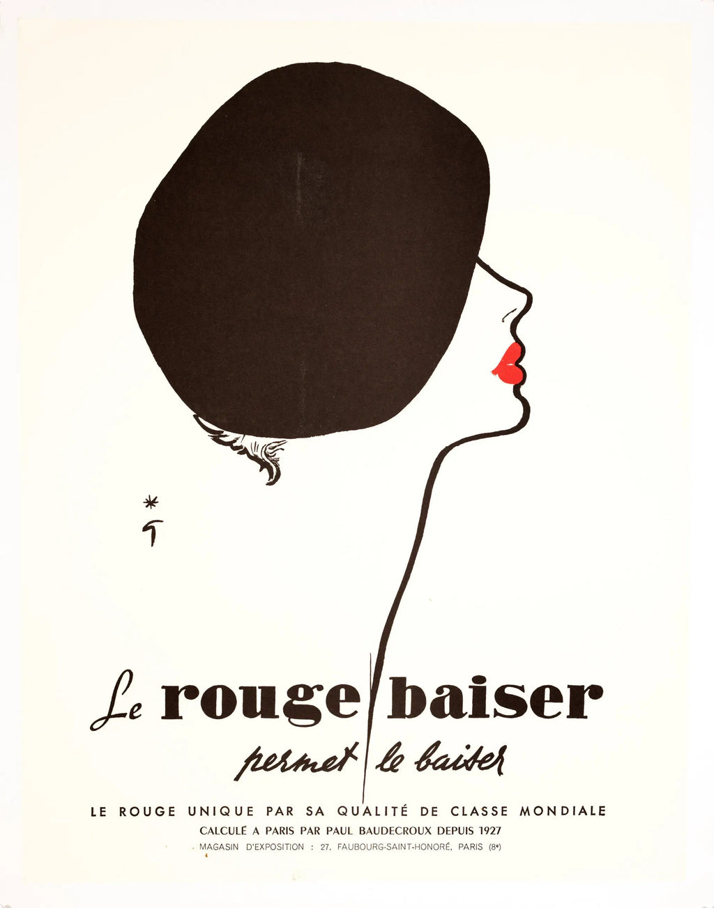 Vintage 1970s René Gruau Le Rouge Baiser fashion poster on linen featuring bold red lips and elegant style.
