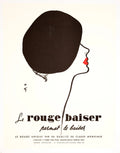 Vintage 1970s René Gruau Le Rouge Baiser fashion poster on linen featuring bold red lips and elegant style.