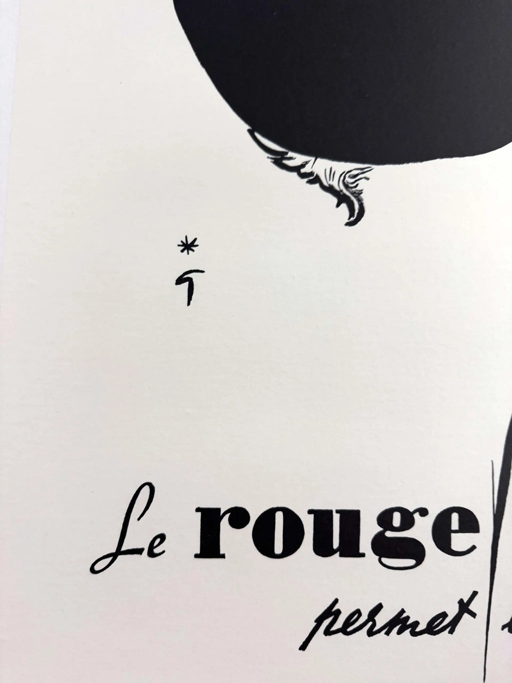 Vintage 1970s René Gruau Le Rouge Baiser fashion poster on linen featuring a stylish woman with a beret and bold lipstick.