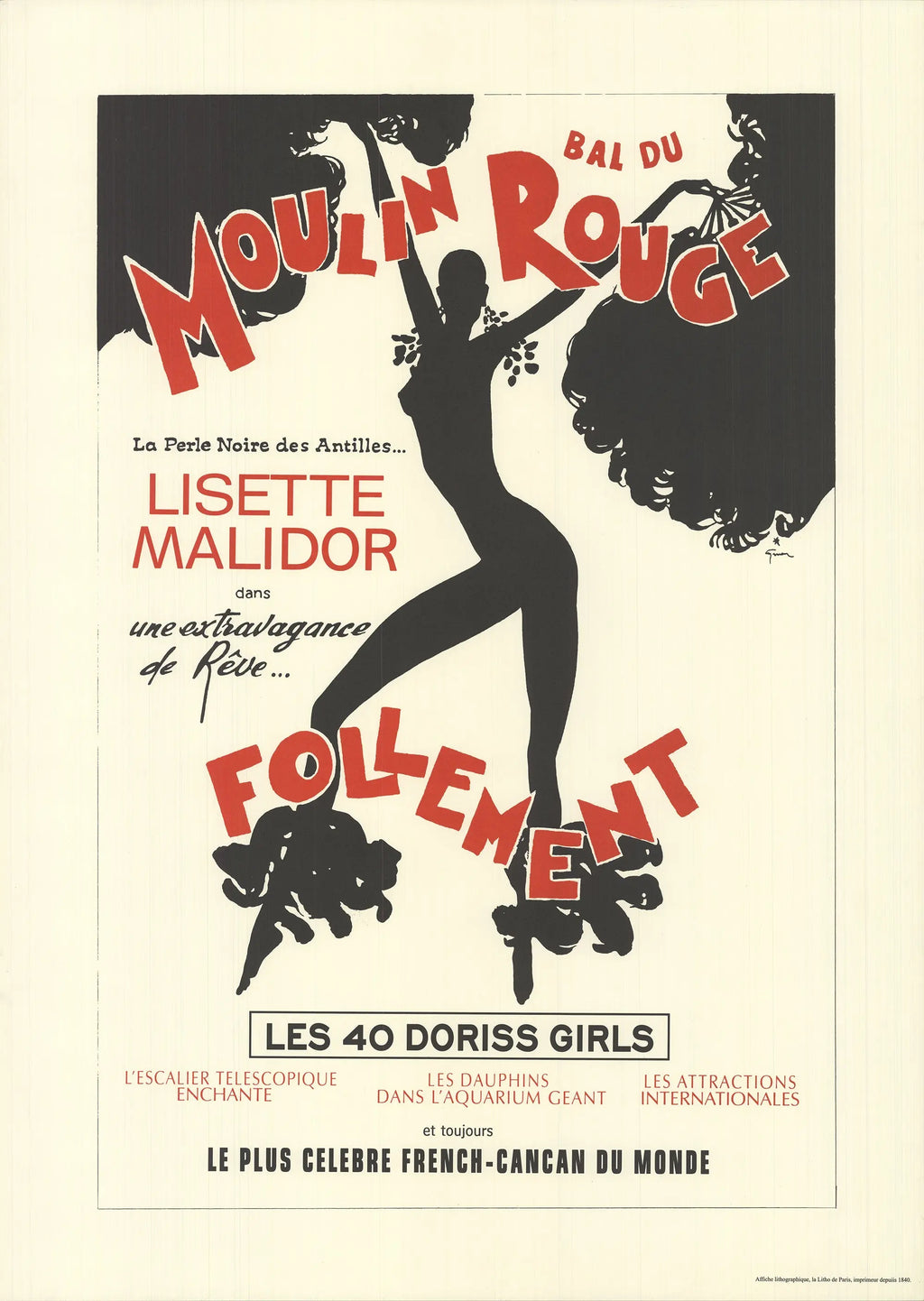 Vintage-style lithograph poster by René Gruau featuring Lisette Malidor in Moulin Rouge costume, showcasing classic fashion art.