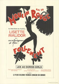Vintage-style lithograph poster by René Gruau featuring Lisette Malidor in Moulin Rouge costume, showcasing classic fashion art.
