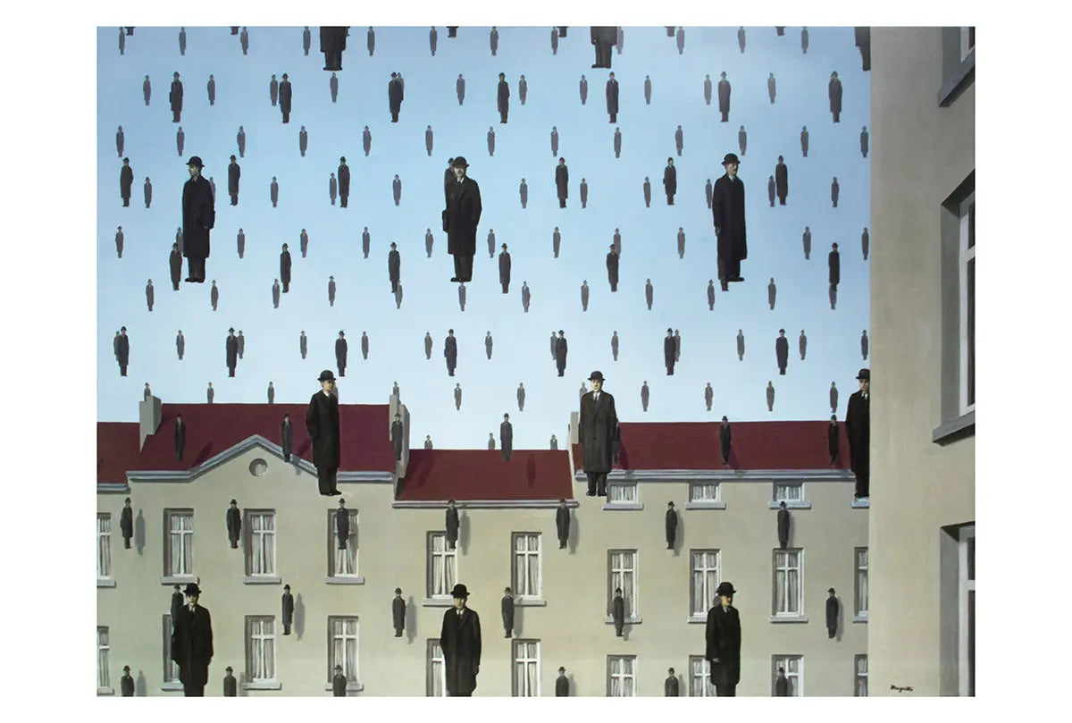 Large Rene Magritte Golconde 2013 authorized offset lithograph art print, featuring surrealist design and distinctive Magritte style.