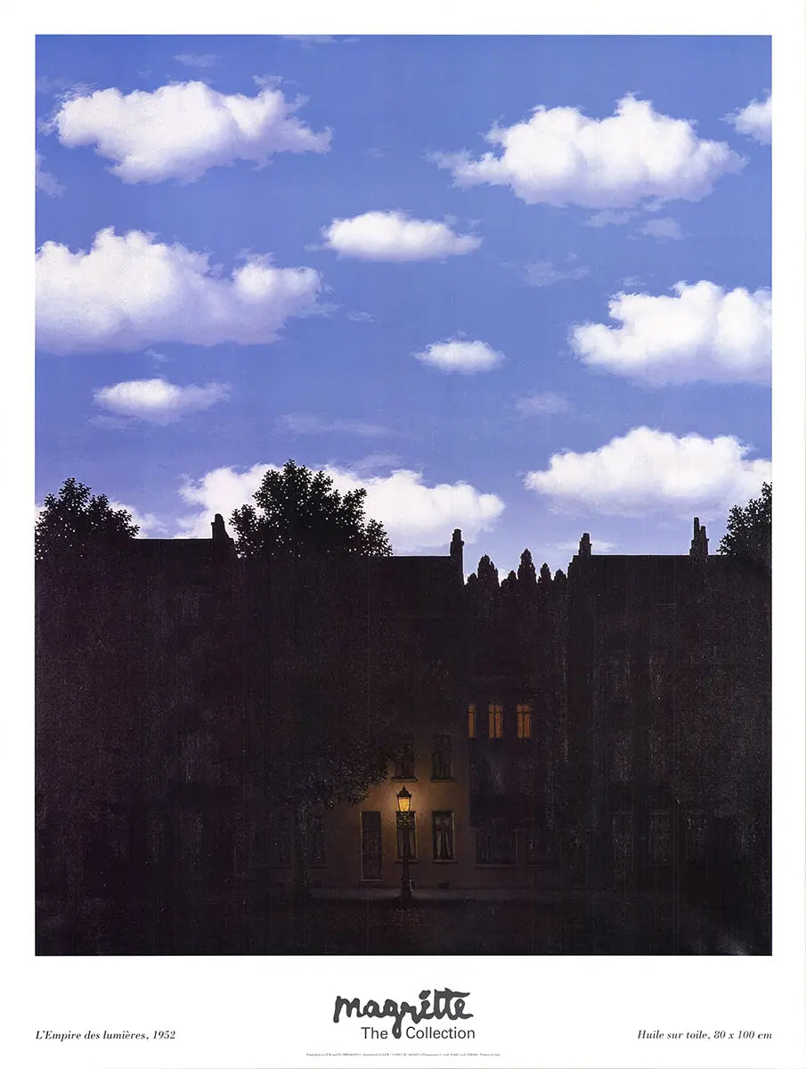 Rene Magritte L'Empire des Lumieres 1998 authorized offset lithograph poster featuring surreal sky and cityscape scene.