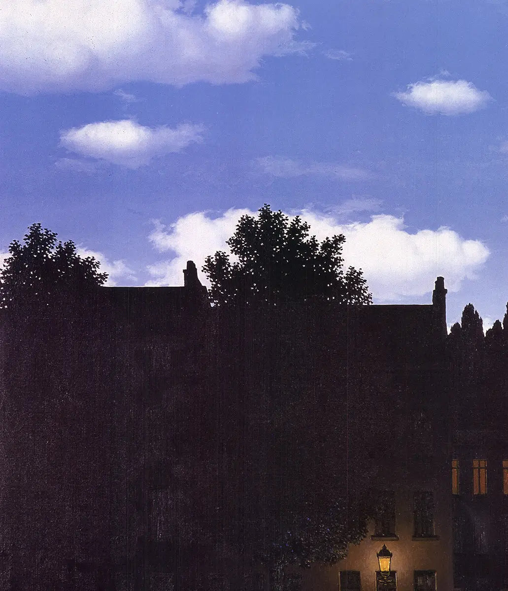 Rene Magritte L'Empire des Lumieres 1998 authorized offset lithograph poster showing a surreal night sky over a daytime cityscape.