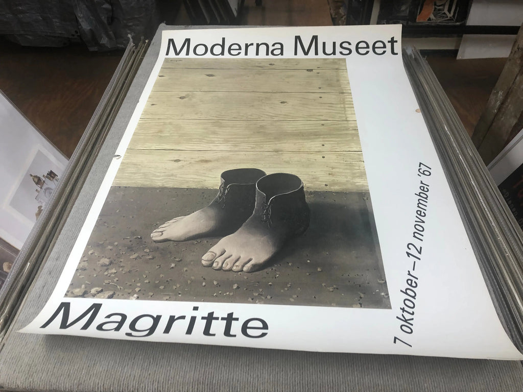 Vintage Rene Magritte lithograph poster from the 1967 Moderna Museet exhibition, featuring surrealist artwork on paper.