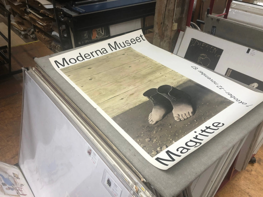 Vintage Rene Magritte lithograph poster from 1967 Moderna Museet exhibition, featuring surrealist artwork and bold design.