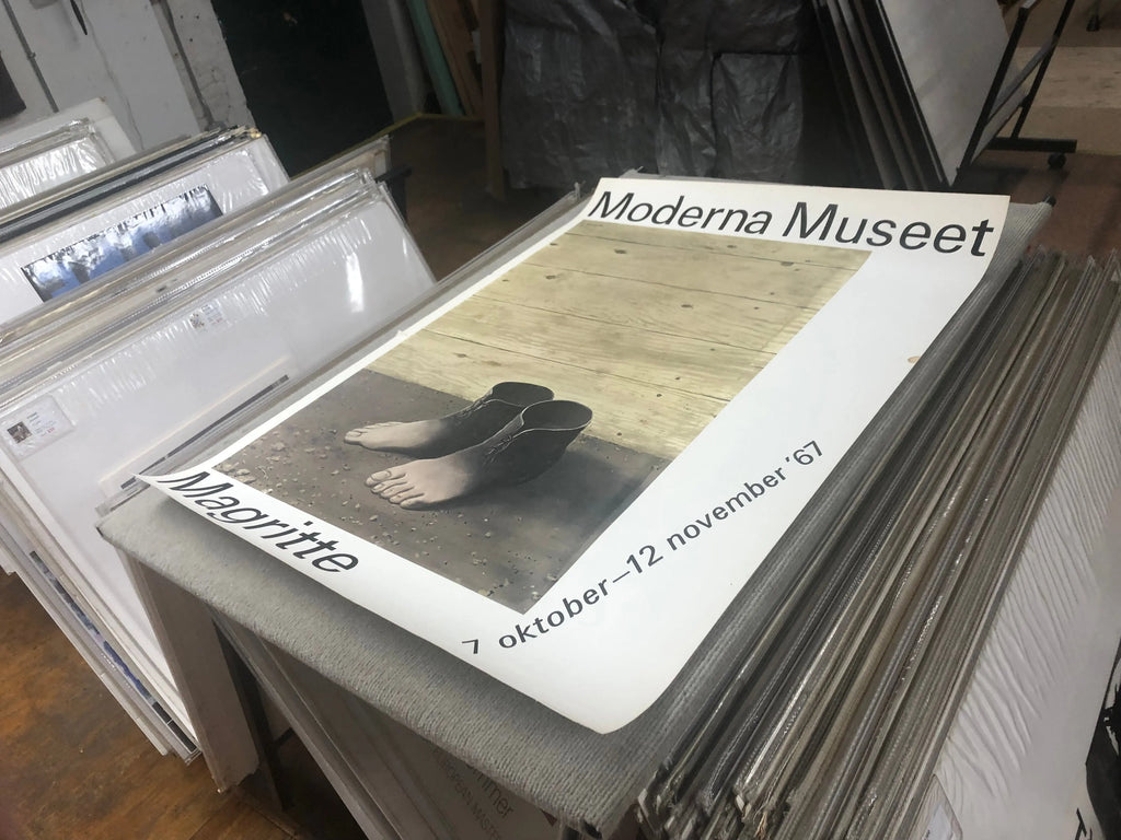 Vintage Rene Magritte lithograph poster from the 1967 Moderna Museet exhibition, featuring surrealist artwork by the renowned artist.