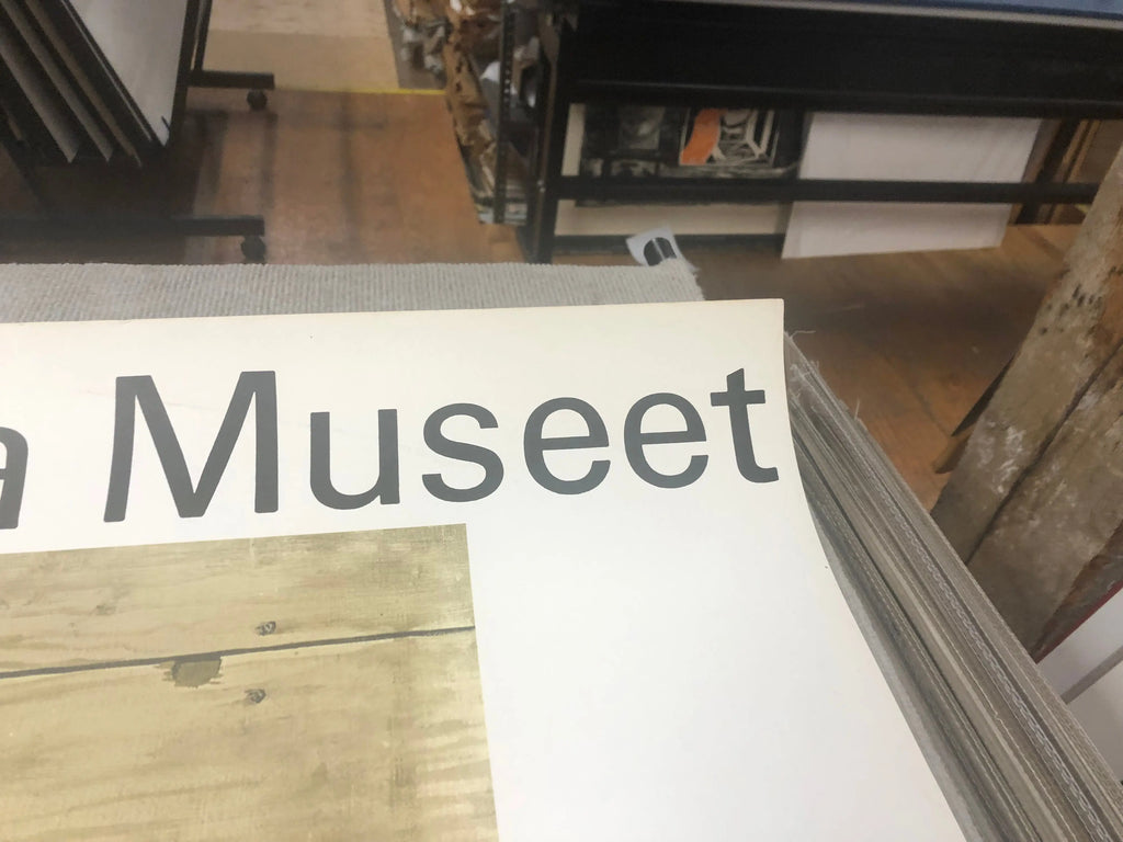Vintage lithograph poster of Rene Magritte's 1967 Moderna Museet exhibition artwork, showcasing surrealist art in vivid detail.