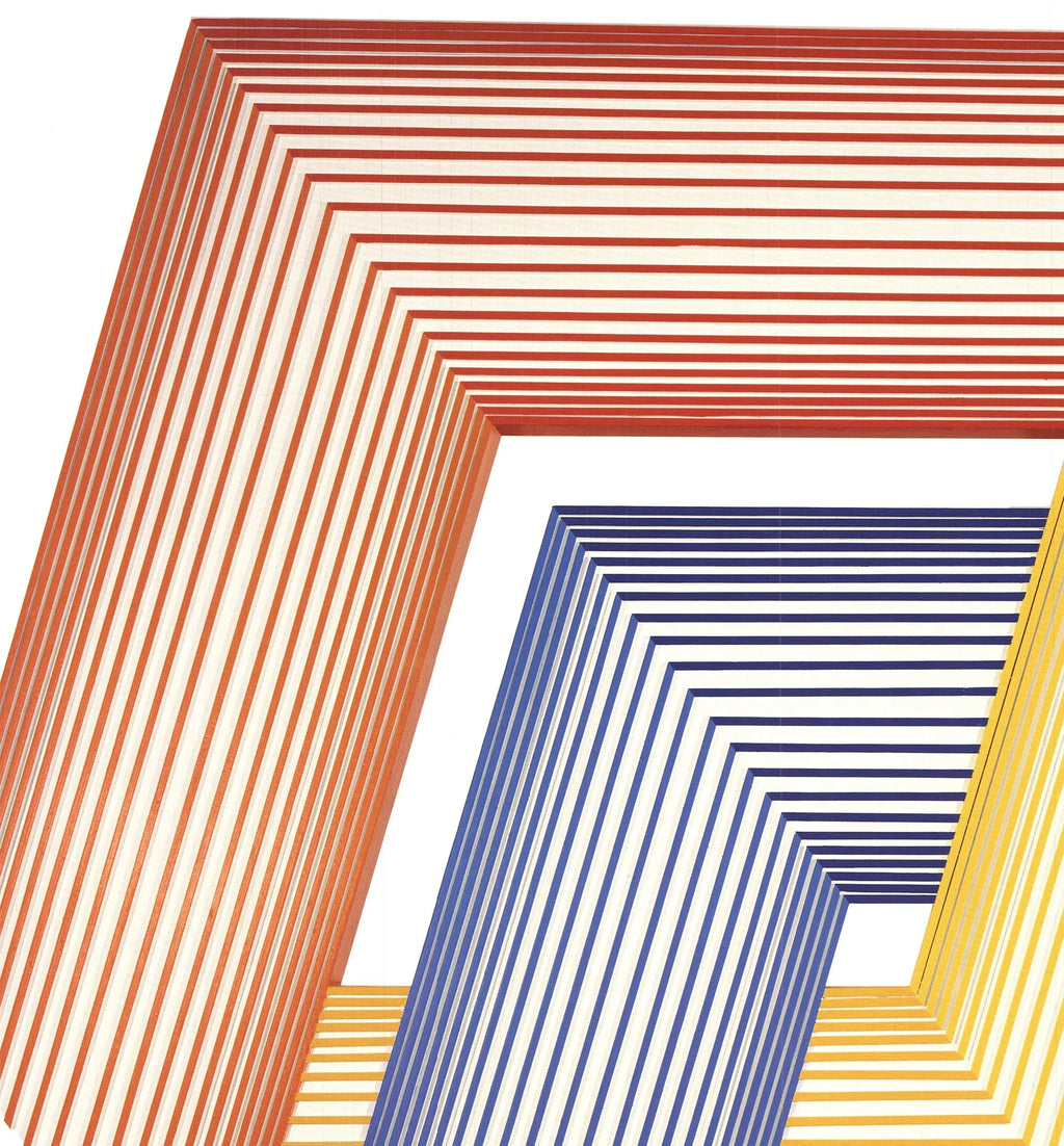 Signed Richard Anuszkiewicz lithograph poster of "Marriage of Warm and Cool" featuring vibrant abstract geometric art.