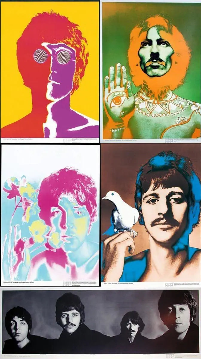 Set of five Richard Avedon Beatles 1967 pop art posters featuring images of the band members.