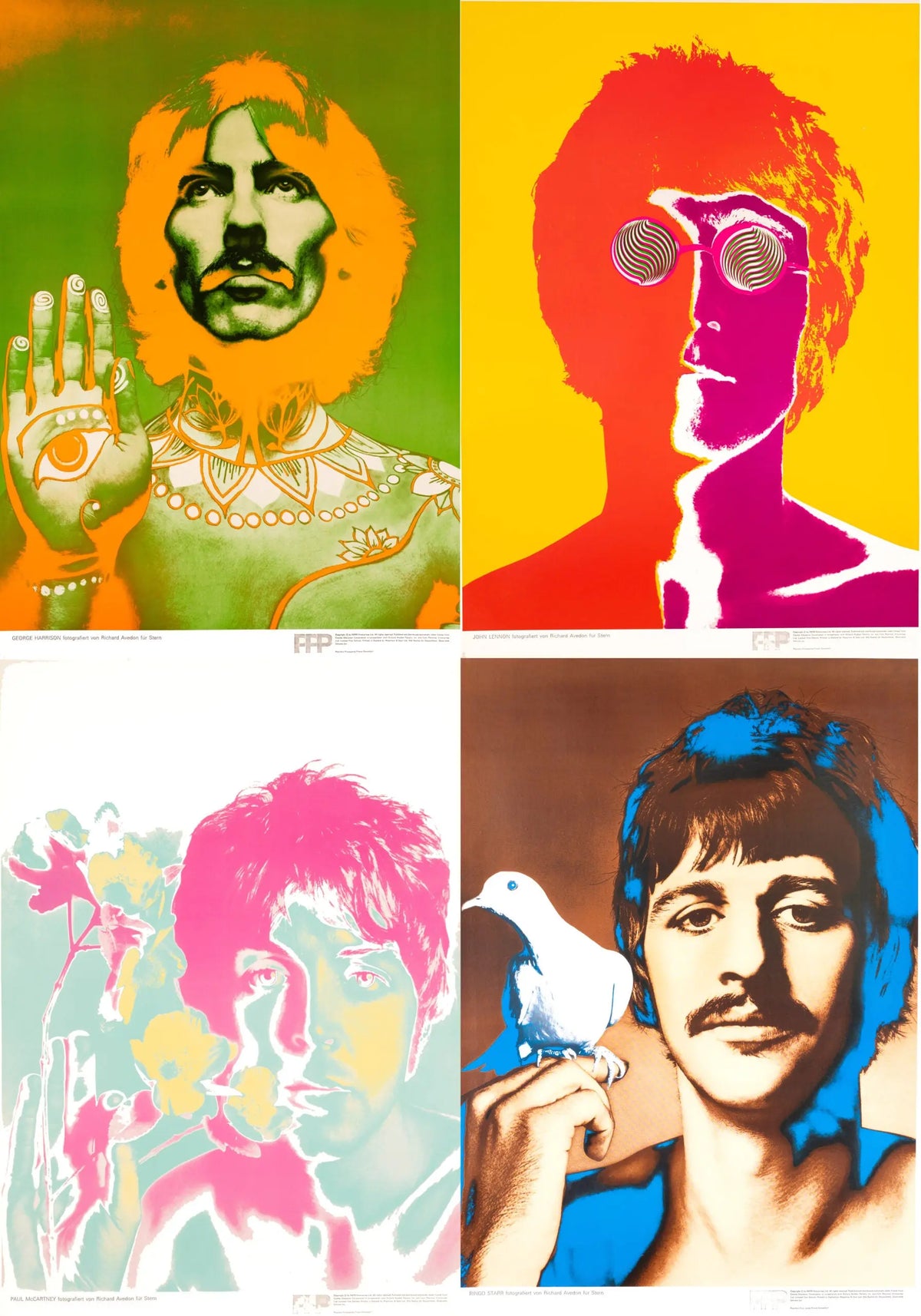 Set of four original 1967 Richard Avedon Beatles pop art posters, featuring images of The Beatles for Stern Magazine.