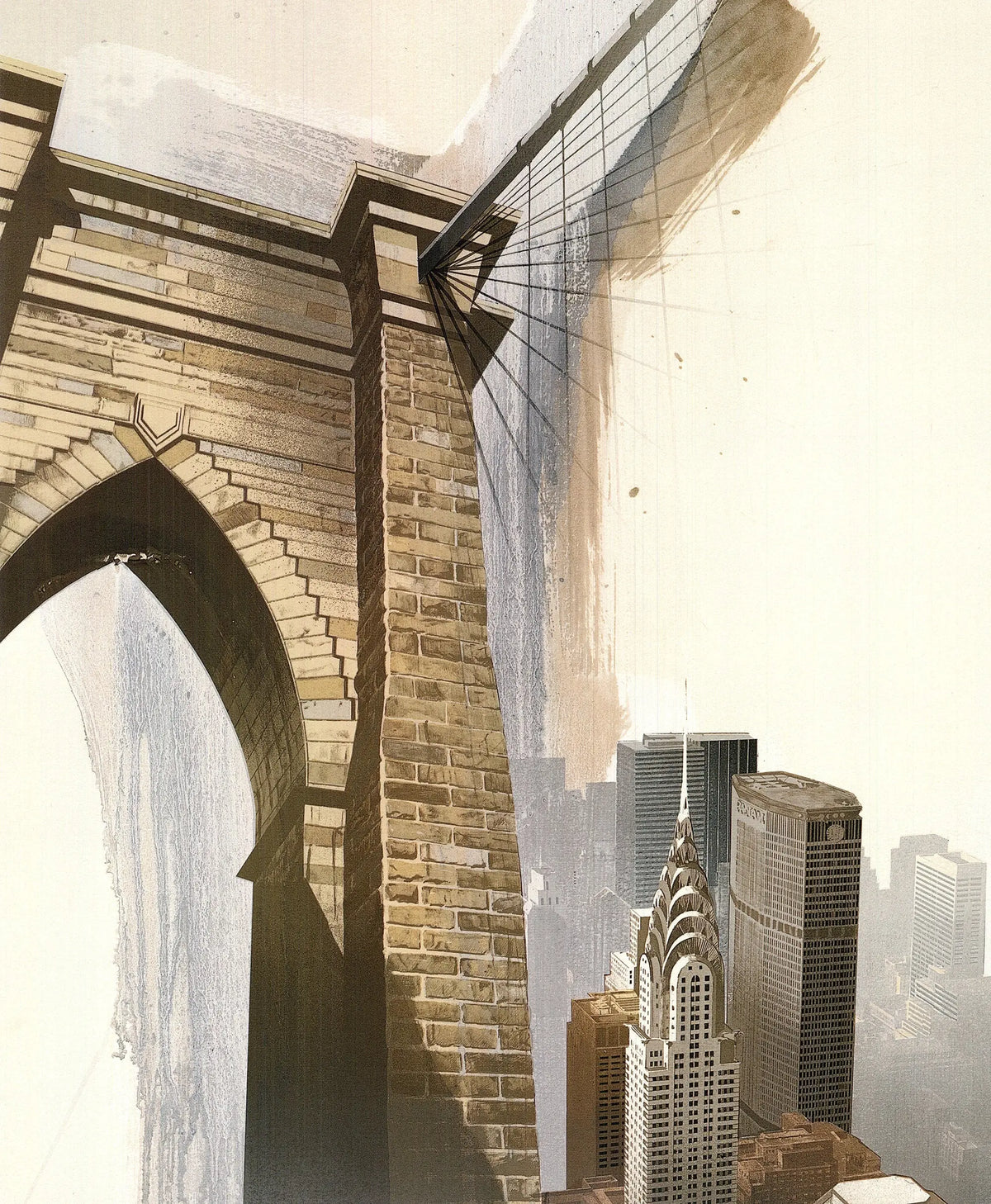 Richard Davies Brooklyn Bridge 1999 architectural offset lithograph art poster showing the bridge and city skyline.