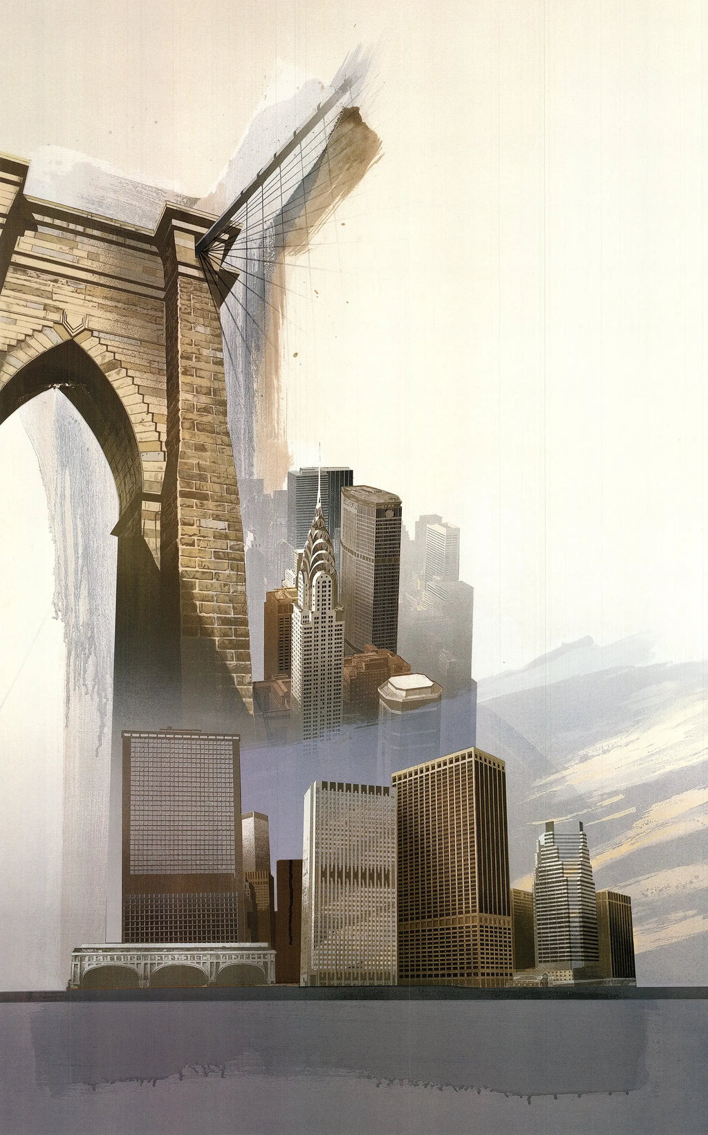 Richard Davies Brooklyn Bridge 1999 offset lithograph art poster print showing a detailed cityscape with the bridge.