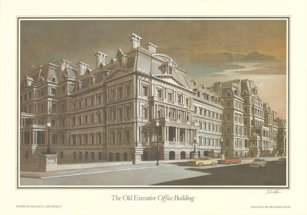 Richard Haas signed lithograph of the Old Executive Office Building, showcasing detailed 1985 architectural illustration.