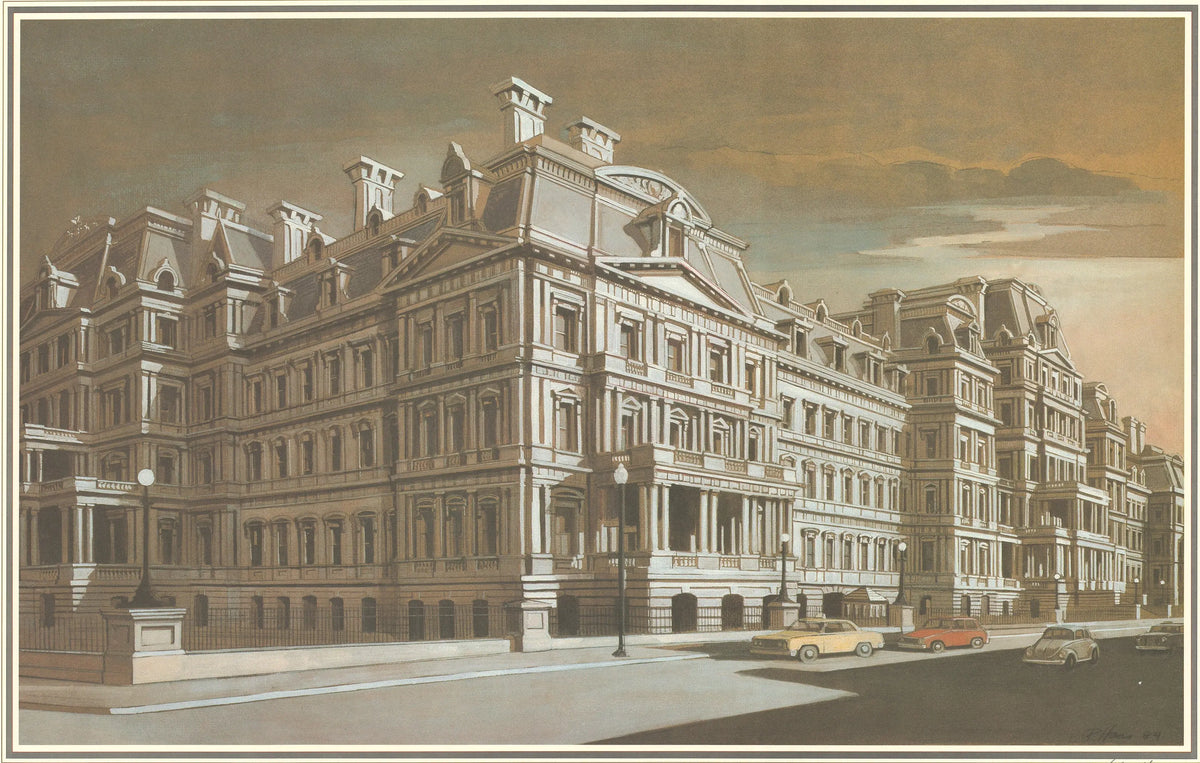 Richard Haas signed lithograph of the Old Executive Office Building, showcasing detailed 1985 architectural artwork.