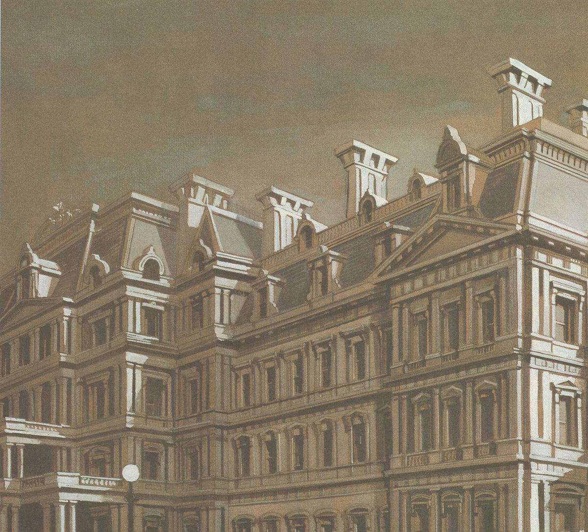 Richard Haas signed lithograph of the Old Executive Office Building, architectural print from 1985 with detailed cityscape design.