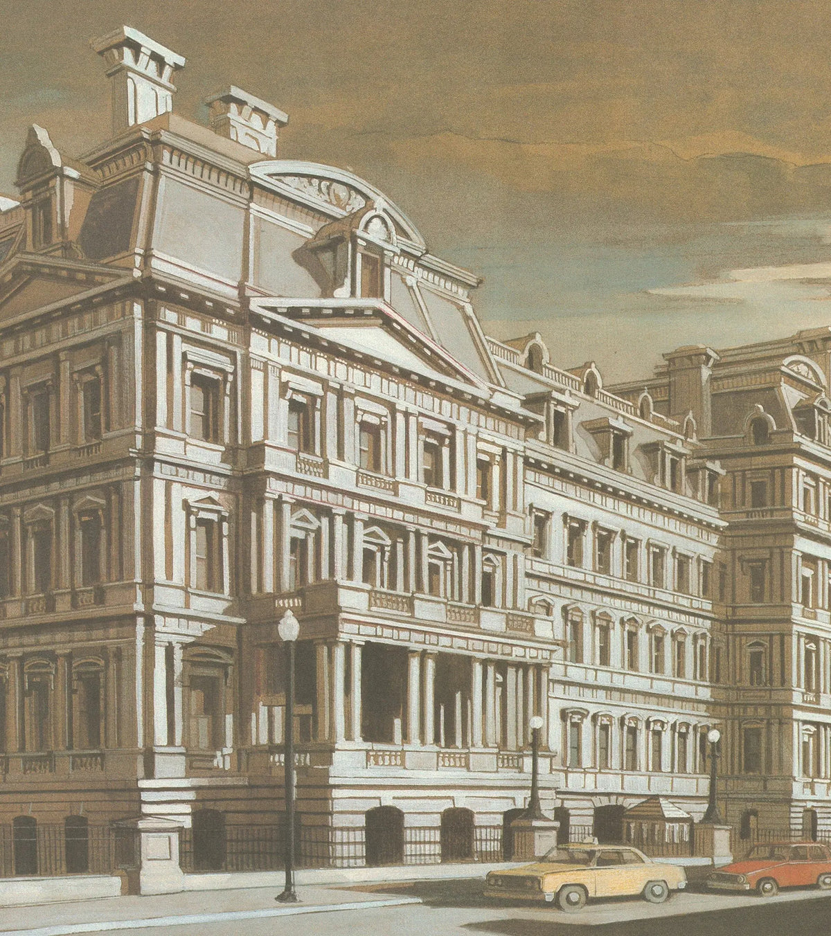 Richard Haas signed lithograph of the Old Executive Office Building, showcasing detailed 1985 architectural illustration.