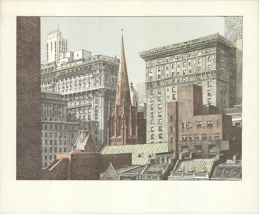 Richard Haas Trinity Church 1975 fine art lithograph showcasing NYC architecture, detailed urban scene illustration.