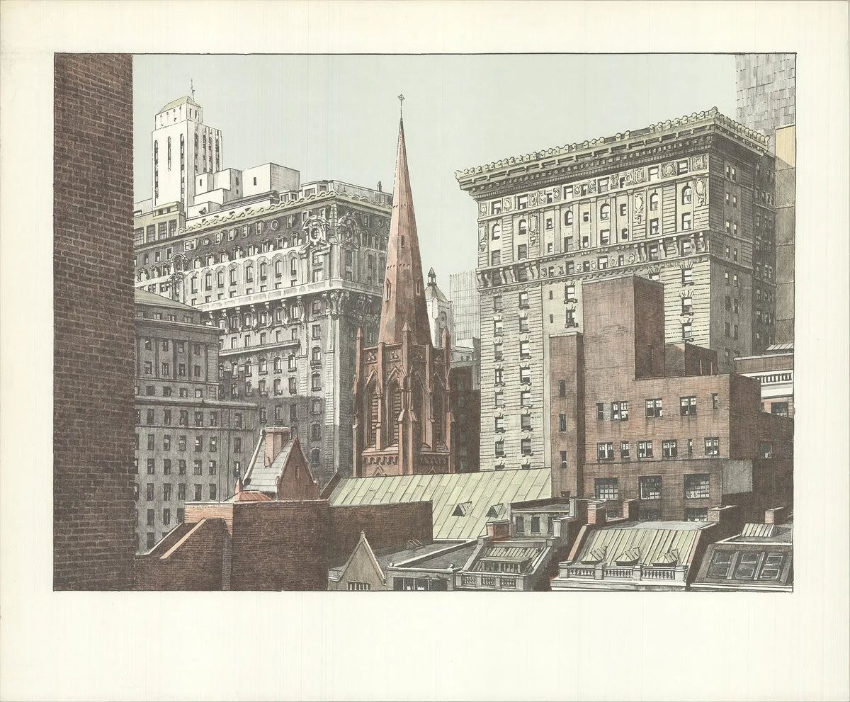 Richard Haas Trinity Church 1975 fine art lithograph showcasing NYC architecture, detailed urban scene illustration.