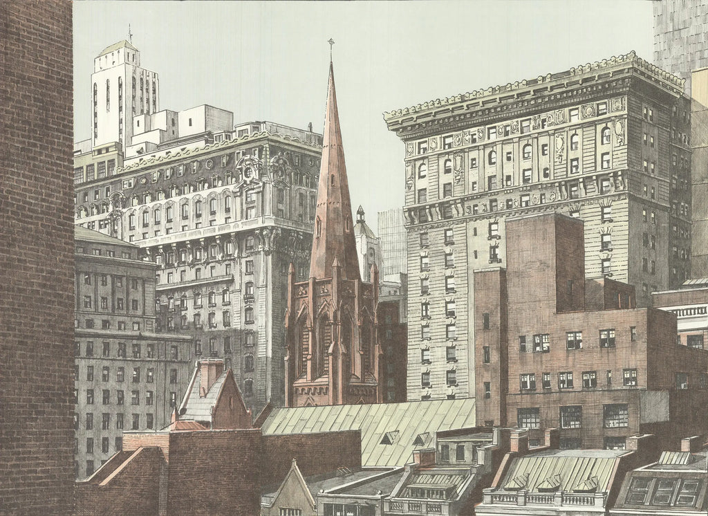 Richard Haas Trinity Church 1975 fine art lithograph depicting NYC architecture and the historic Trinity Church.