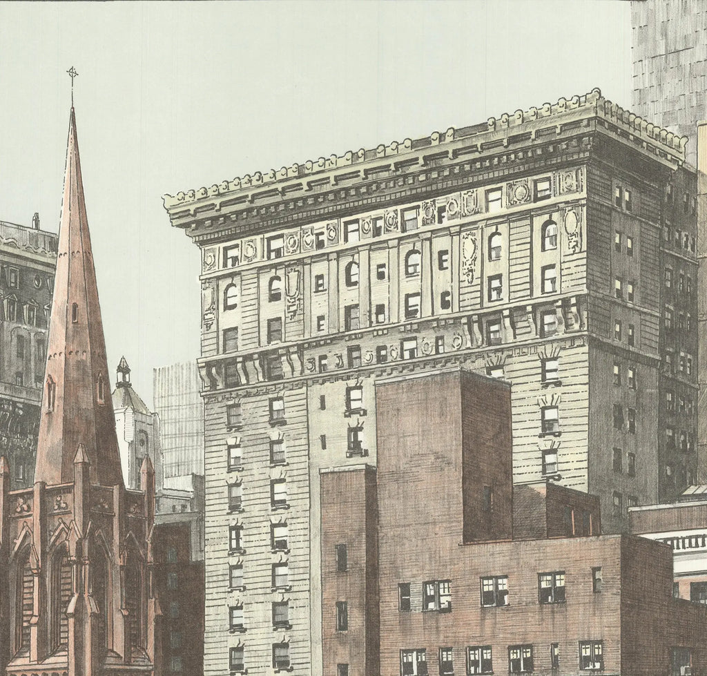 Fine art lithograph of Trinity Church in NYC by Richard Haas, showcasing detailed architectural illustration from 1975.