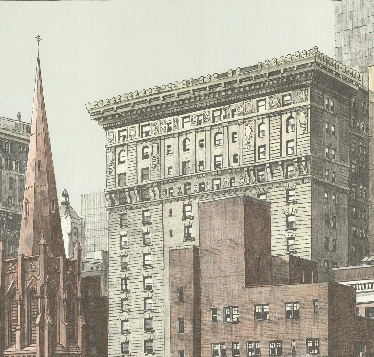 Fine art lithograph of Trinity Church in NYC by Richard Haas, showcasing detailed architectural illustration from 1975.