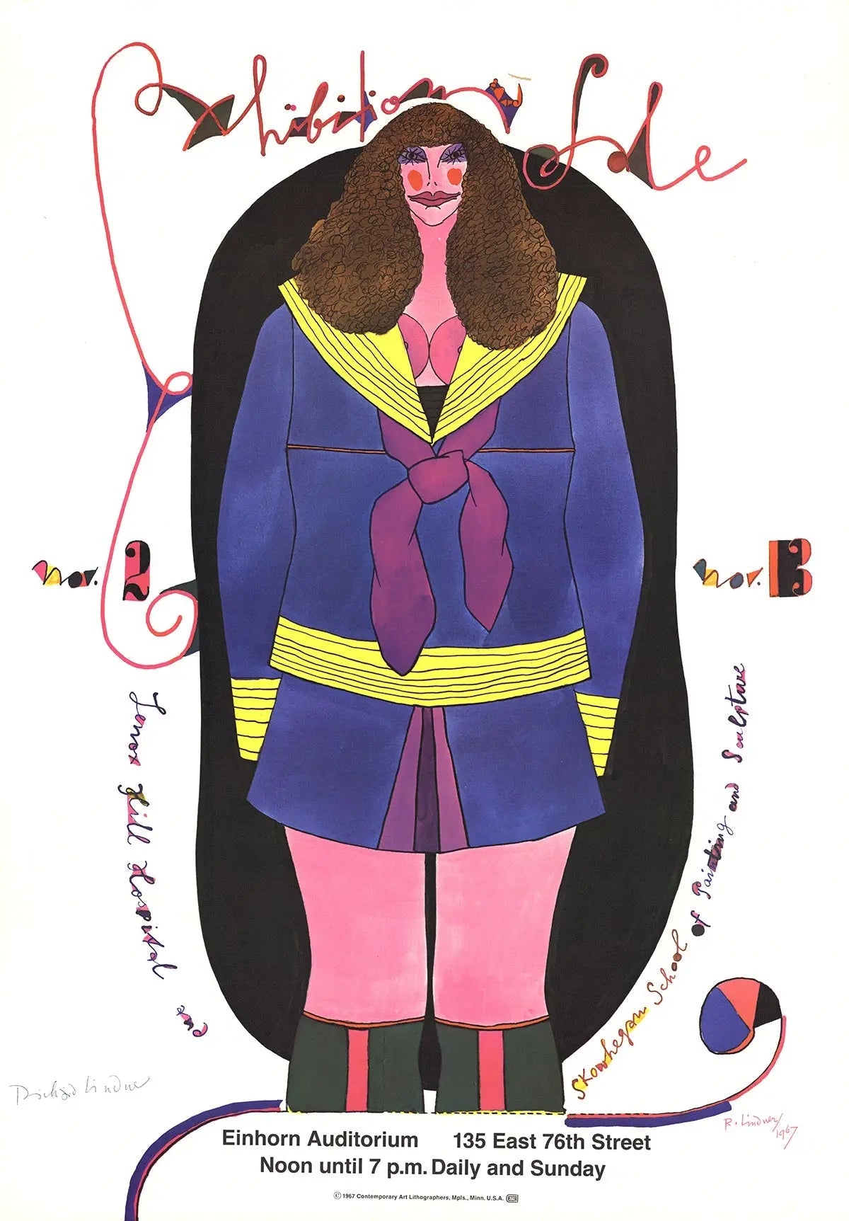 Richard Lindner signed Skowhegan School 1967 vintage offset lithograph, featuring abstract art and bold colors by the artist.