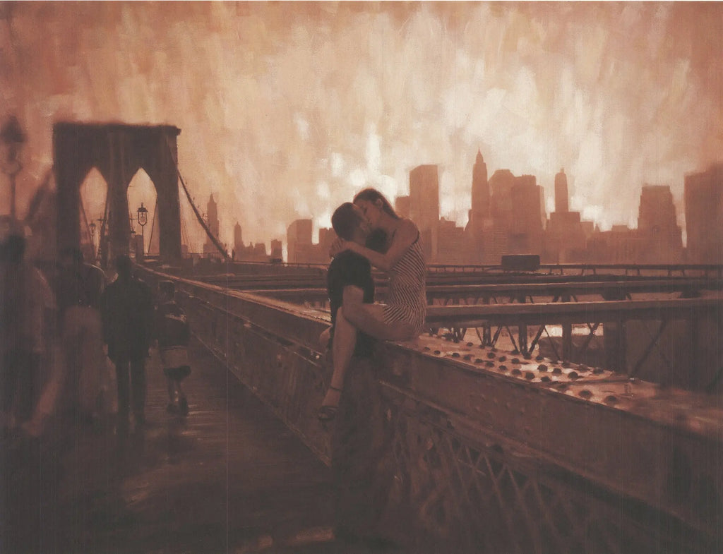 Rob Hefferan Les Amoureux De Brooklyn Bridge offset lithograph art print featuring a romantic scene near the Brooklyn Bridge.