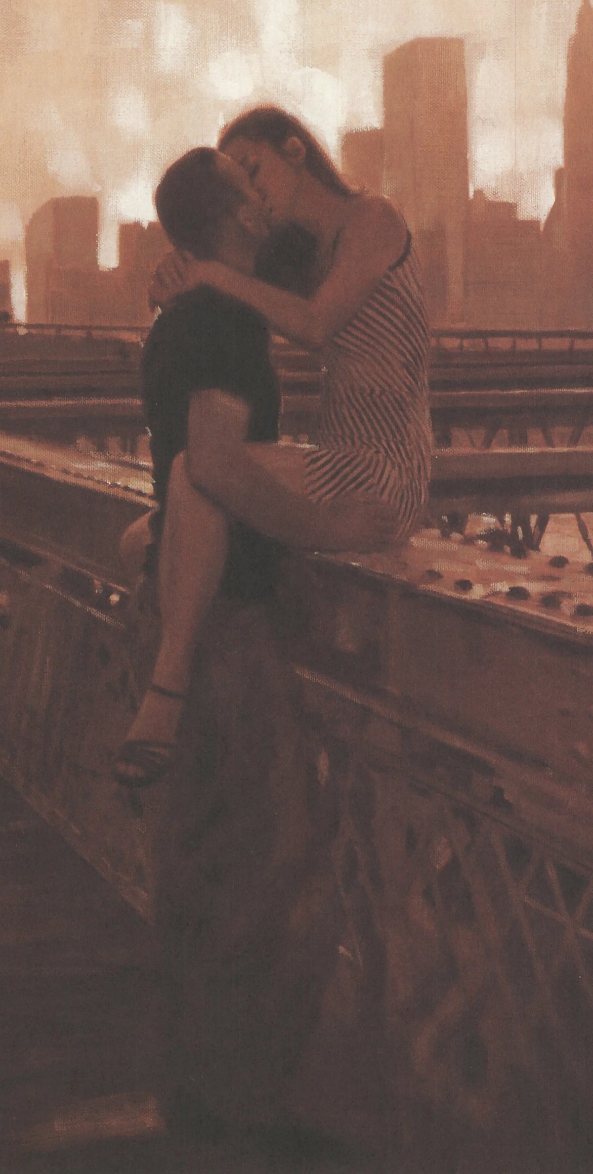 Rob Hefferan Les Amoureux de Brooklyn Bridge offset lithograph art print showing a romantic couple near the Brooklyn Bridge.