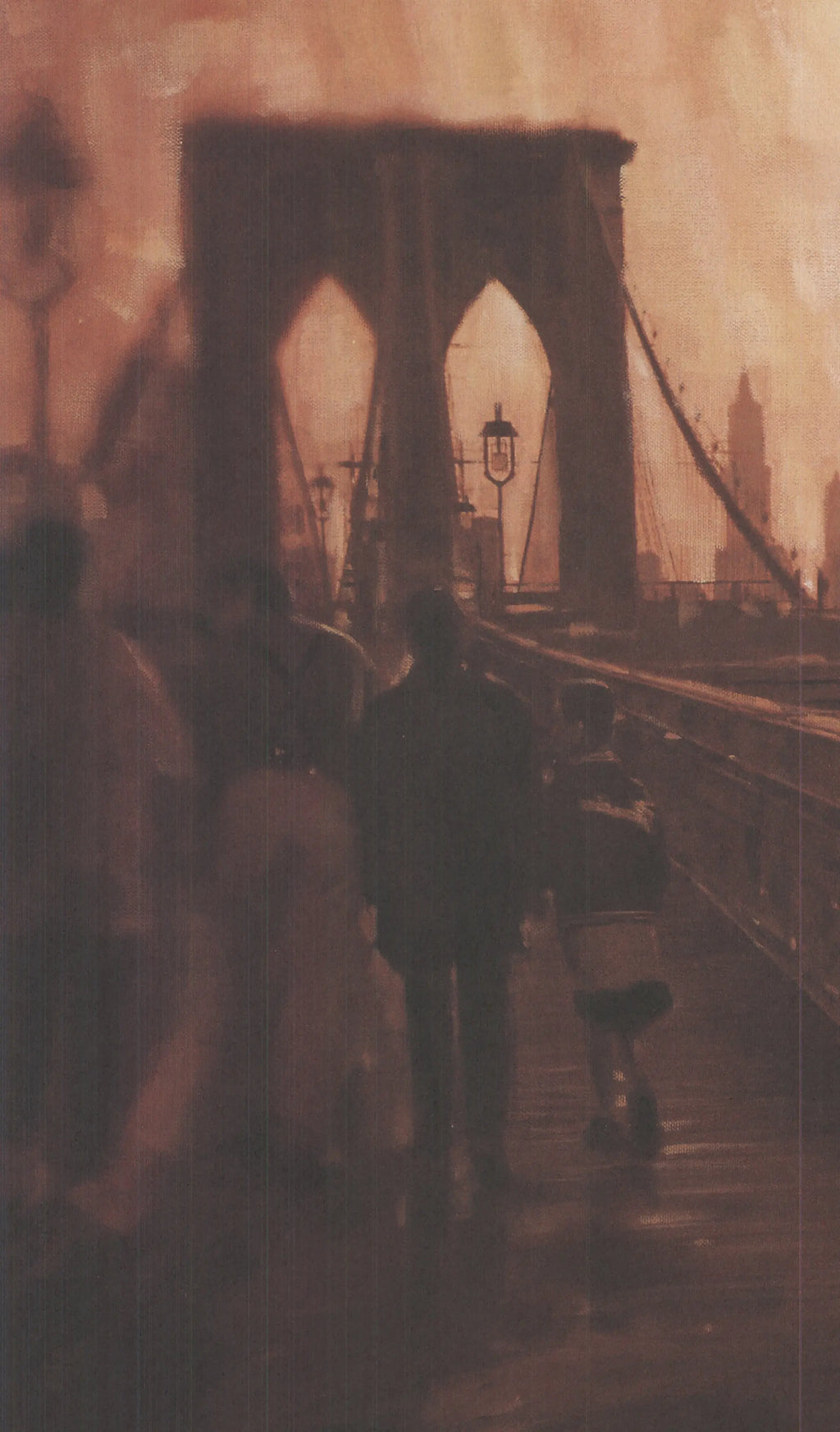 Rob Hefferan Les Amoureux de Brooklyn Bridge offset lithograph art print showing a romantic scene near the Brooklyn Bridge.