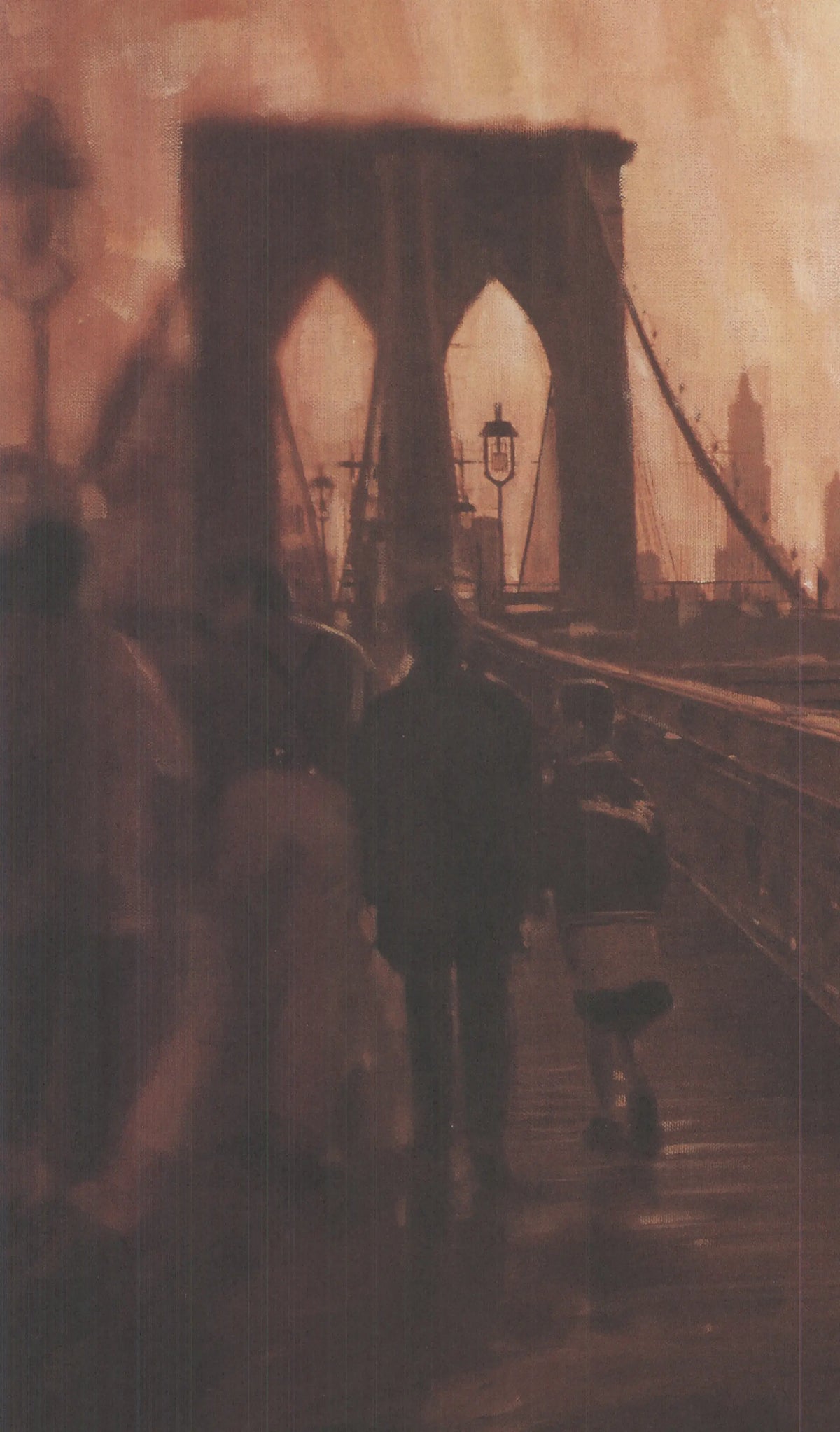 Rob Hefferan Les Amoureux de Brooklyn Bridge offset lithograph art print showing a romantic scene near the Brooklyn Bridge.