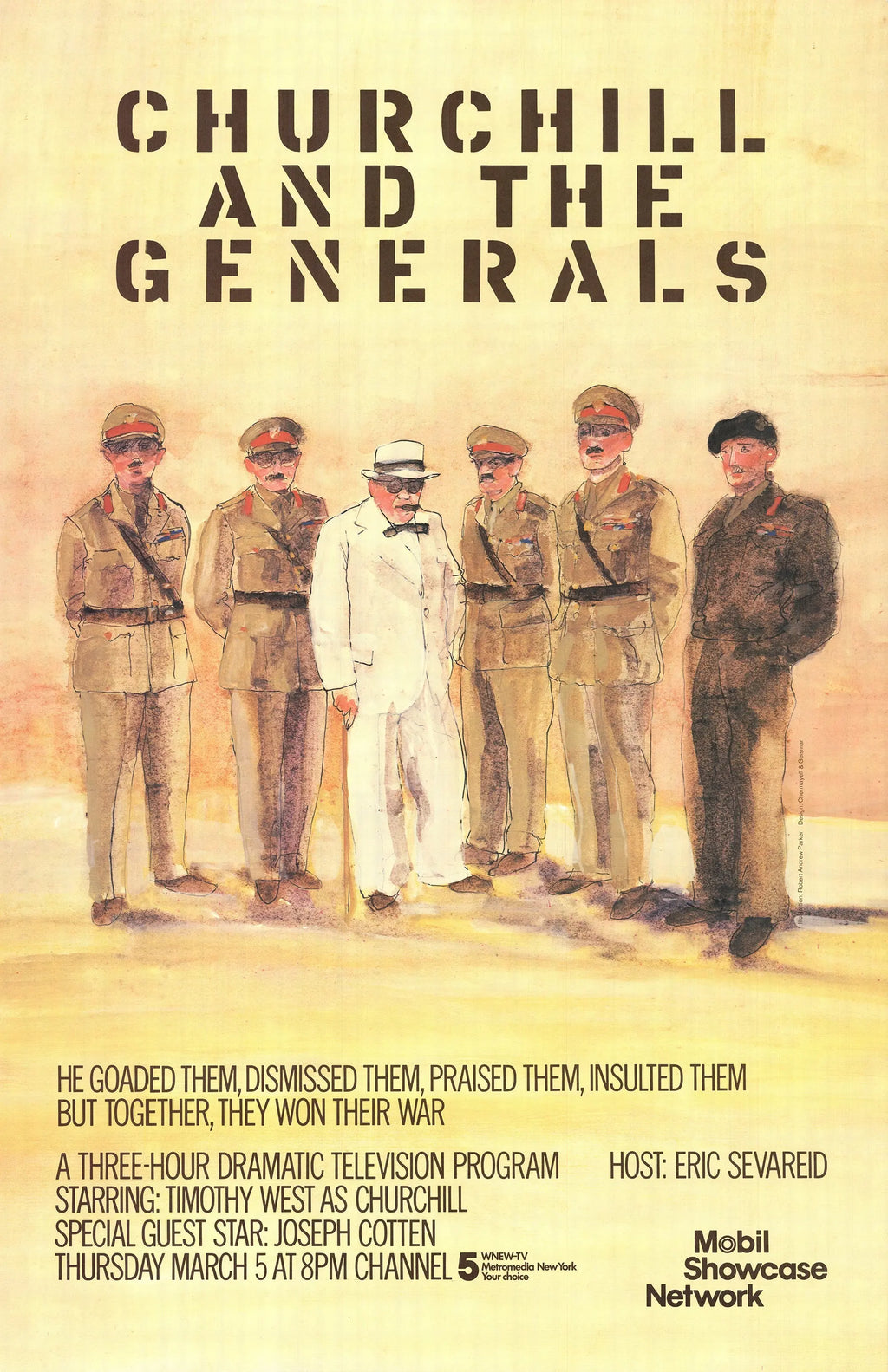 Vintage lithograph poster by Robert Andrew Parker featuring Churchill and generals, 1981, depicting historical military leaders.