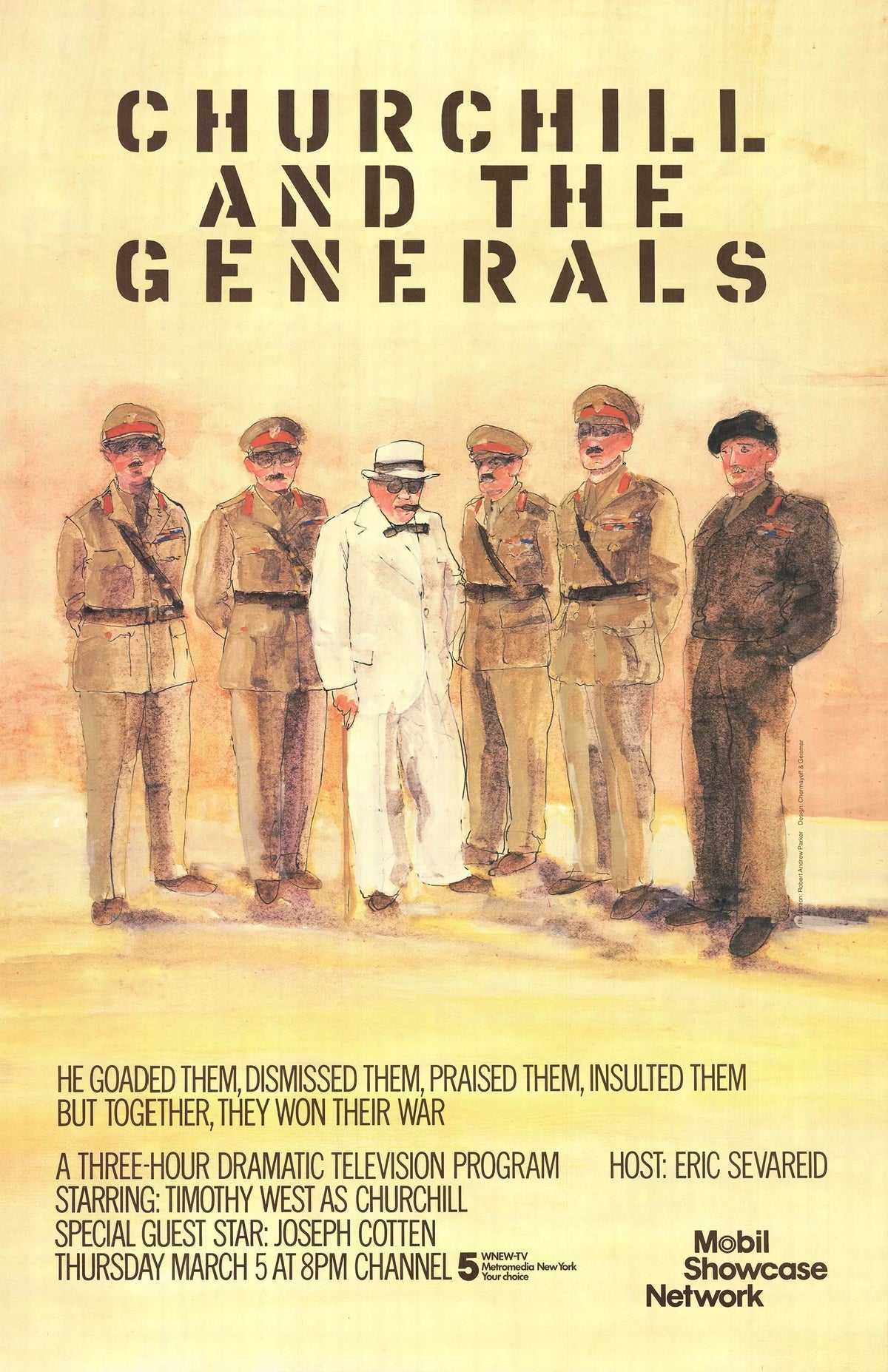 Vintage lithograph poster by Robert Andrew Parker featuring Churchill and generals, 1981, depicting historical military leaders.