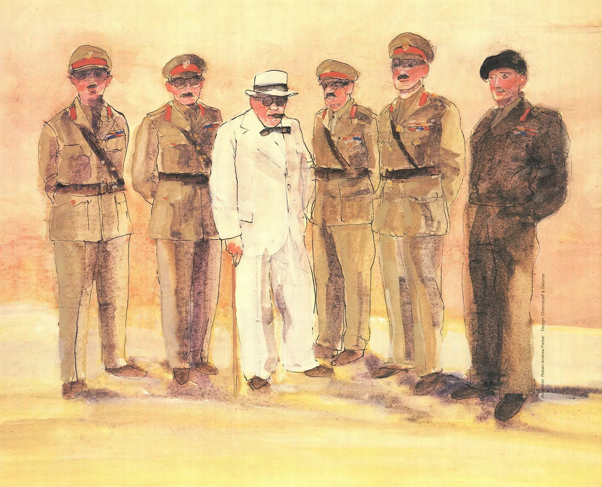Vintage lithograph poster by Robert Andrew Parker featuring Churchill and generals, 1981, with detailed military scene artwork.