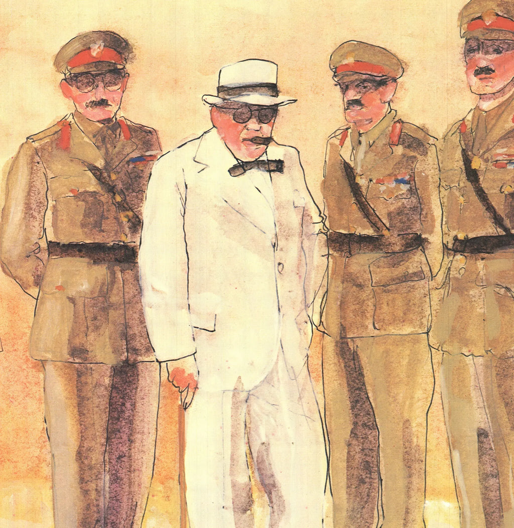 Vintage lithograph poster by Robert Andrew Parker featuring Churchill and generals, 1981, with detailed wartime scene and historical figures.