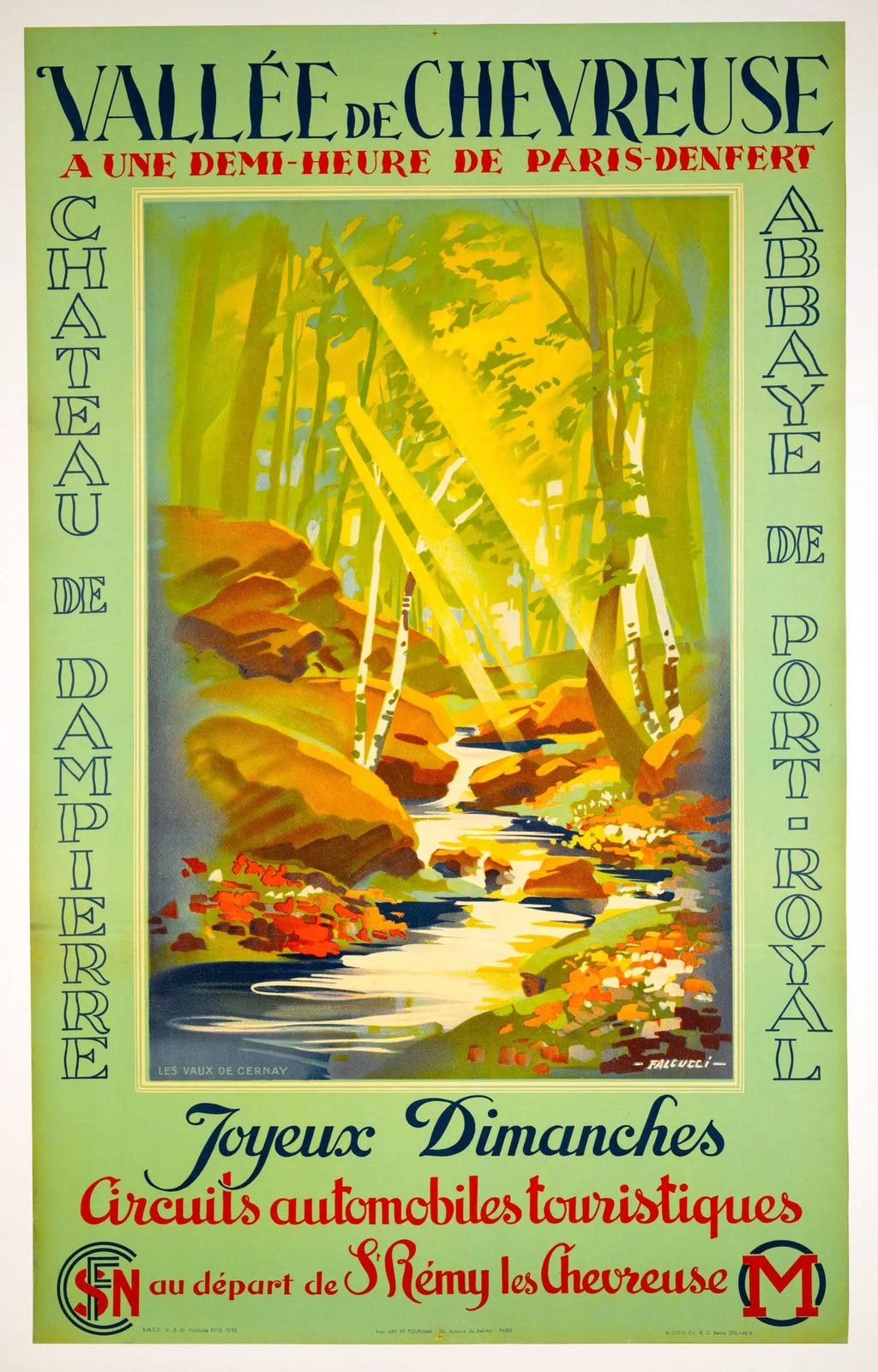 Original 1939 Vallee de Chevreuse French Railway lithograph travel poster by Robert Falcucci showing scenic landscape with train and lush greenery.