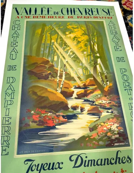 Original 1939 Vallee de Chevreuse French Railway travel poster by Robert Falcucci, showcasing scenic landscape and vintage railway imagery.