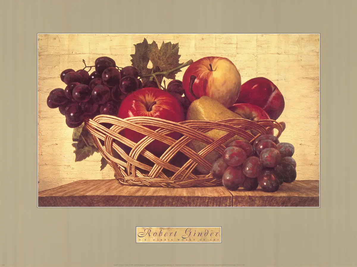 Contemporary realism offset lithograph of a gift basket by Robert Ginder, from the Gift Basket II 1999 series.