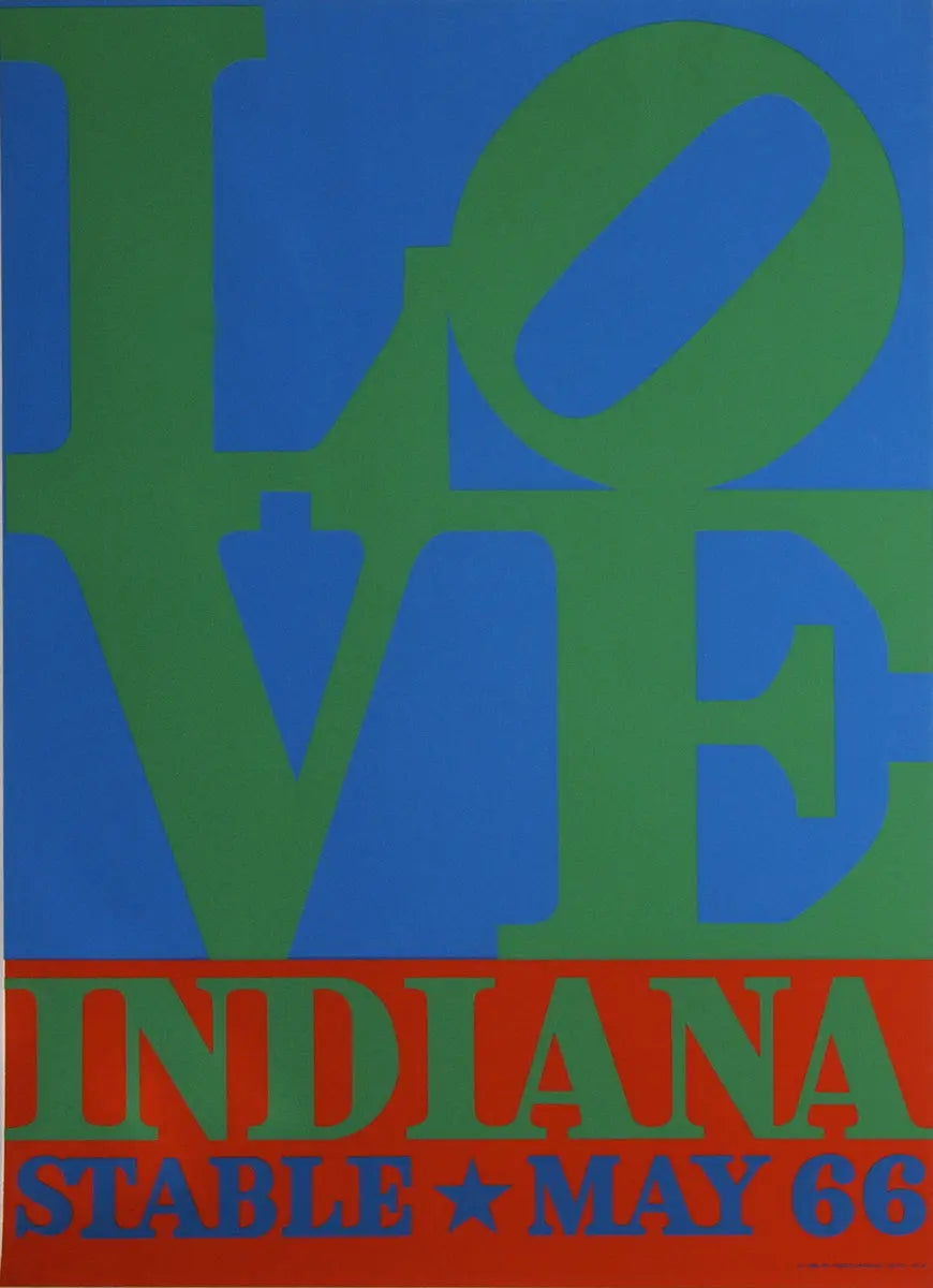 Vintage Robert Indiana LOVE-Stable 1971 serigraph art poster featuring bold, colorful lettering on a white background.