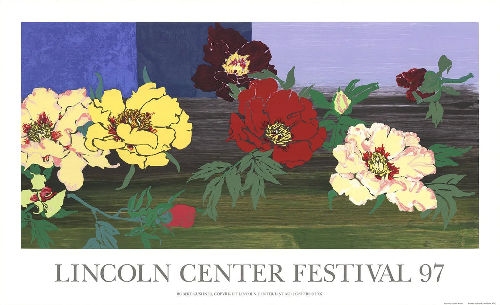 Robert Kushner Linwood 1997 Lincoln Centre floral serigraph art poster featuring vibrant floral patterns and intricate design details.