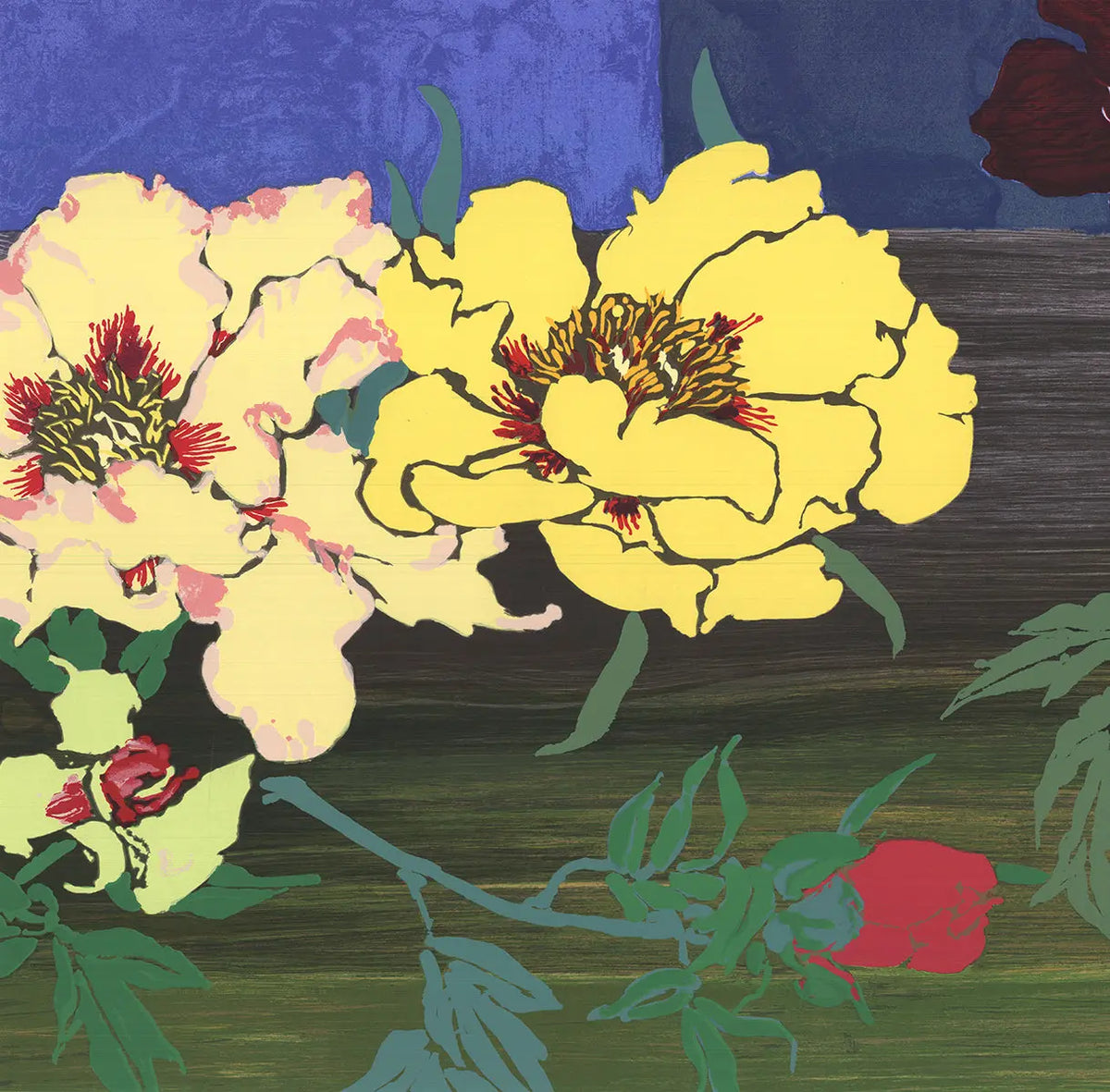 Robert Kushner Linwood 1997 floral serigraph art poster featuring vibrant, detailed floral design on white background.