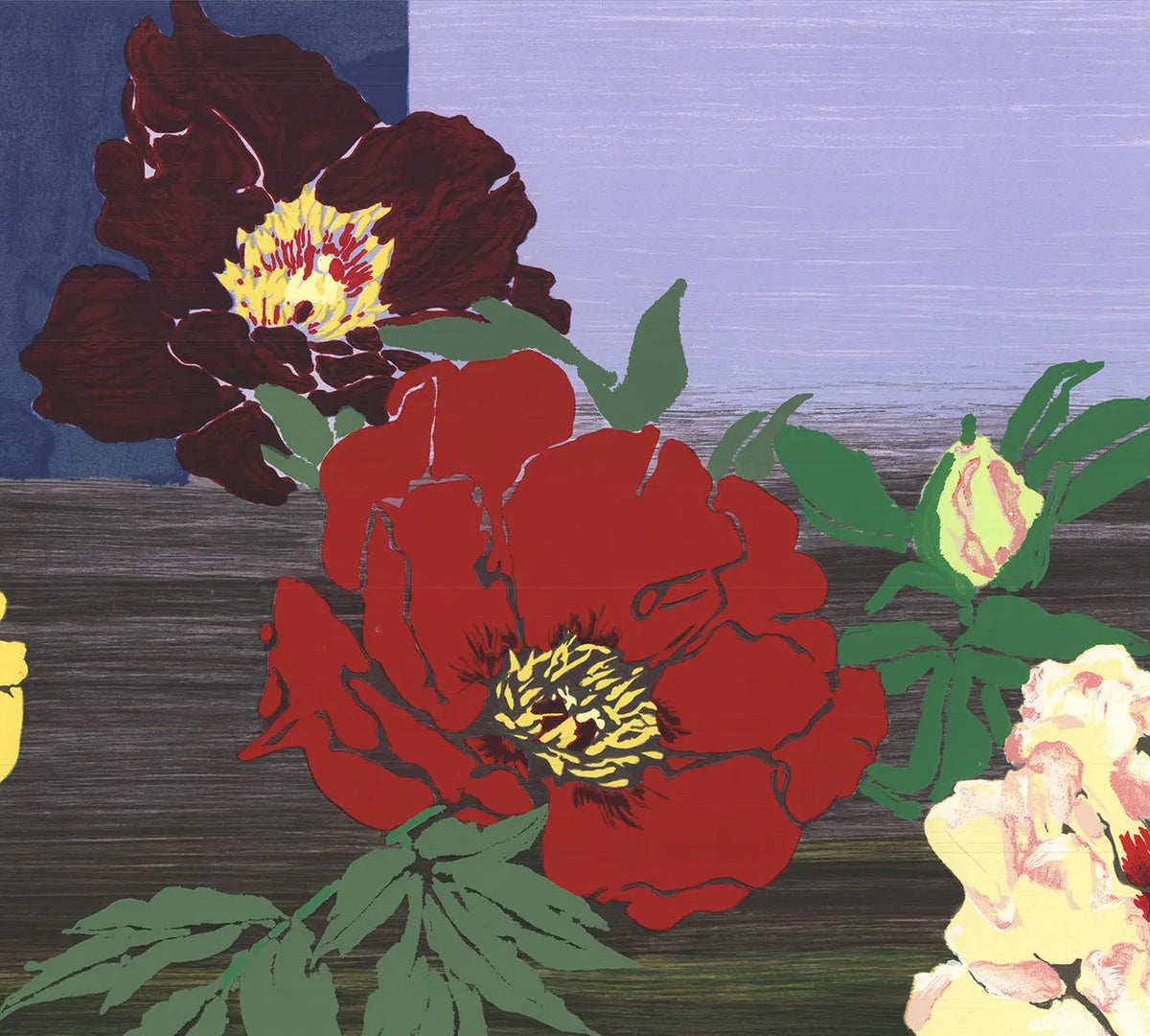 Robert Kushner Linwood 1997 floral serigraph art poster featuring vibrant, detailed floral designs on a white background.
